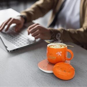 Coffee, Tea, Wax Warmer: Cat ears Lid , mug, and heating pad. Color: Orange